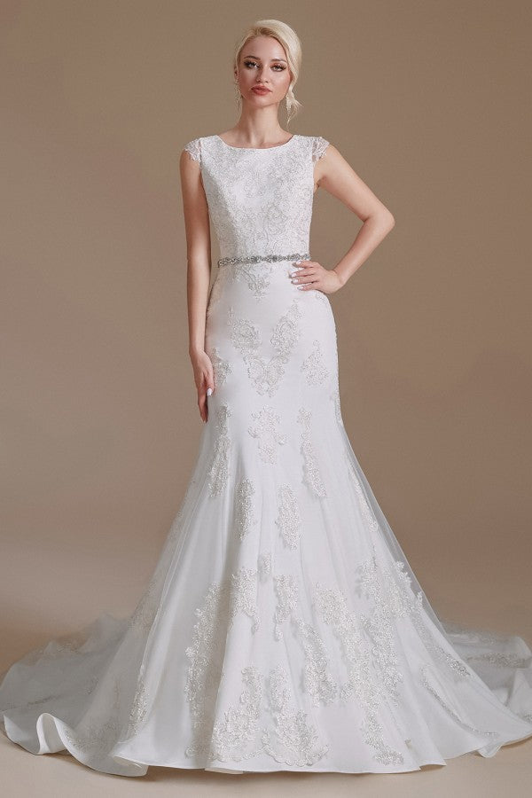 Mermaid Jewel Neck Long Wedding Dress with Tulle Lace BM bride