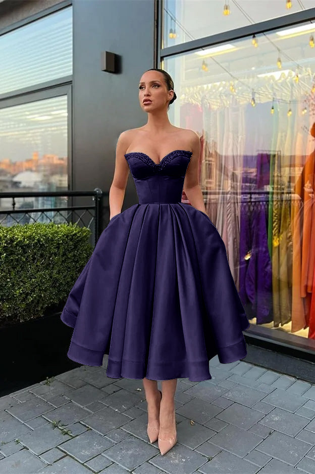 Sweetheart Sleeveless Evening Dress Short with Beading and Pockets BM bride