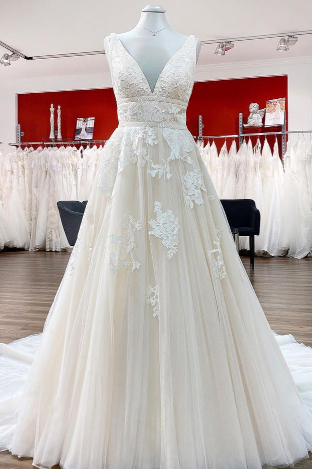 V-Neck Long Princess Backless Wedding Dress with Lace Tulle BM bride