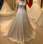 A-Line Sweetheart Wedding Dress Long Sleeve Pearl Satin With Appliques Lace BM bride