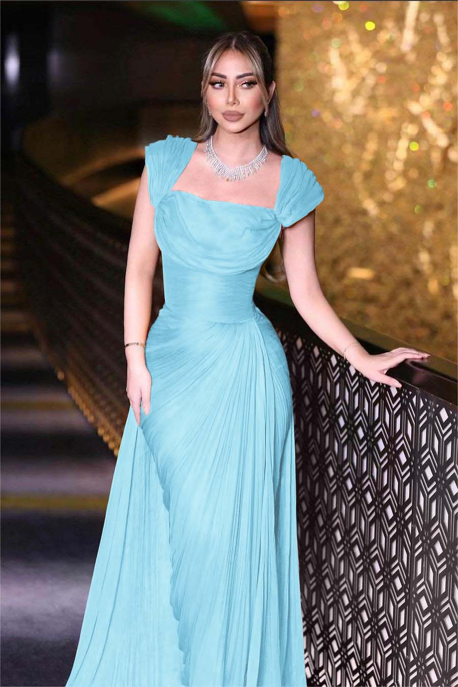 Daffodils Square Neck Sleeveless High Waist Long Pleated Prom Dress With Split BMBRIDE