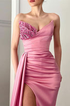 Pink V-Neck Beads Long Slit Mermaid Evening Dress with Ruffles BM bride
