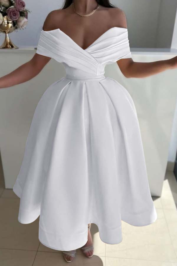 Off the Shoulder Sleeveless A Line Prom Dress With Pleated BMBRIDE