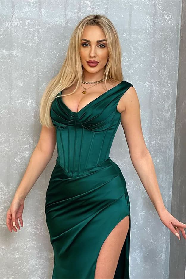 Dark Green V-Neck Sleeveless Mermaid Evening Dress with Split BM bride