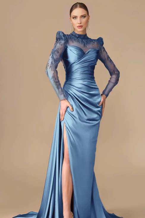 Long Sleeves Long Mermaid Prom Dress With Split Pleated Appliques BMBRIDE
