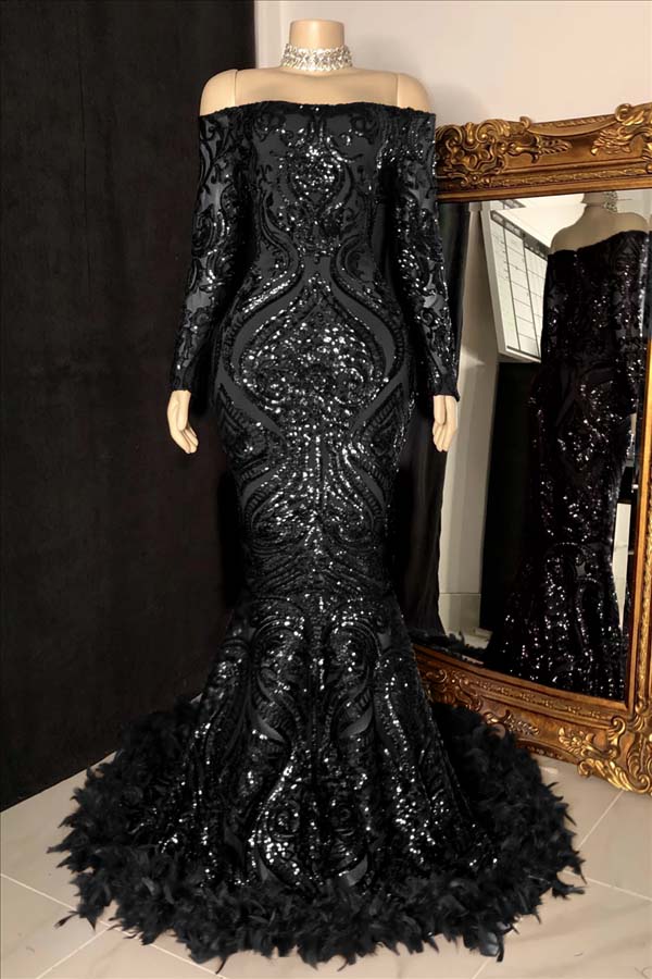 Long Sleeves Strapless Mermaid Prom Dress Sequins Burgundy With Feather BMBRIDE