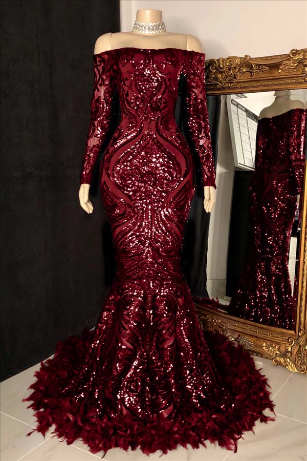 Long Sleeves Strapless Mermaid Prom Dress Sequins Burgundy With Feather BMBRIDE