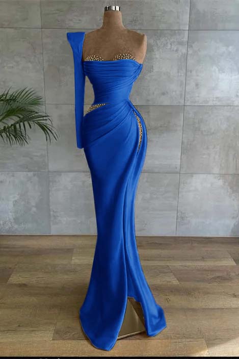 One Shoulder Long Sleeve Long High Split Prom Dress With Beading BMBRIDE