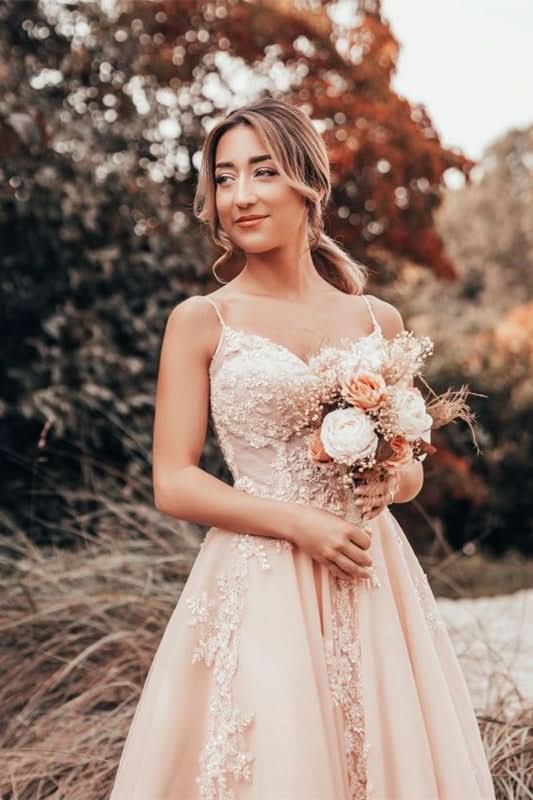 Spaghetti Strap Tulle Lace A-Line Wedding Dress BM bride