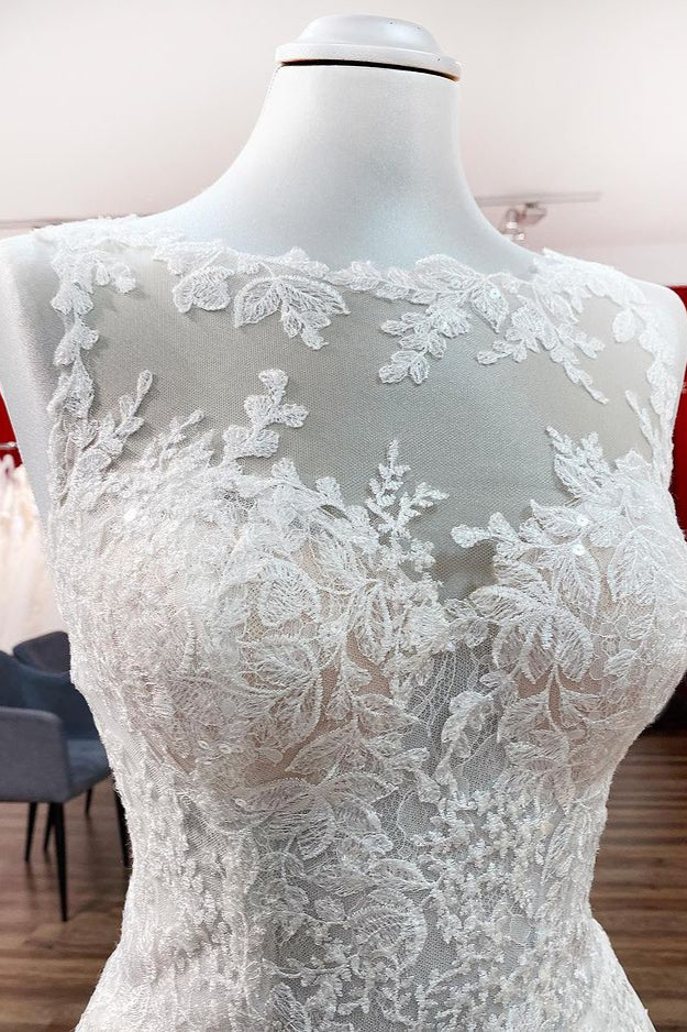 Graceful Jewel Neck Long A-Line Tulle Wedding Dress with Lace Appliques BM bride