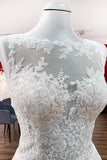 Graceful Jewel Neck Long A-Line Tulle Wedding Dress with Lace Appliques BM bride