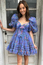 Ivory Puff Sleeves A-Line Floral Short Homecoming Dress with Ruffles Bmbride