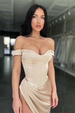 Champagne Off-The-Shoulder Long Mermaid Evening Dress with Split BM bride