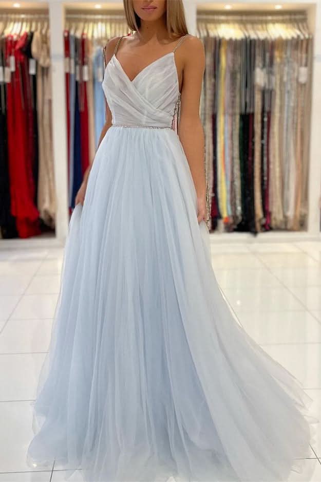 Light Sky Blue Spaghetti-Straps Tulle Long Prom Dress with Beads BM bride