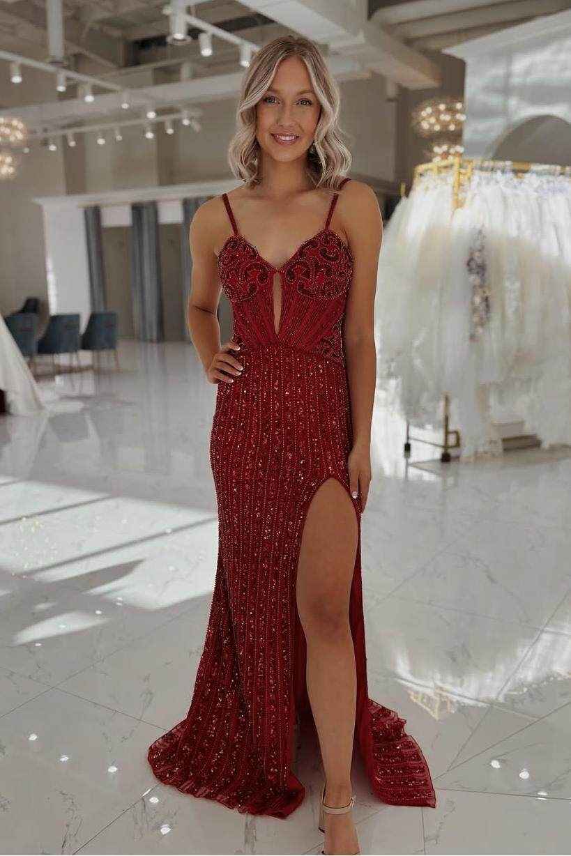 Spaghetti Strap Sleeveless Long Prom Dress With Split Beading