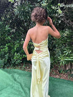 Yellow Mermaid Twist Front Spaghetti Straps Satin Long Prom Maxi Dress