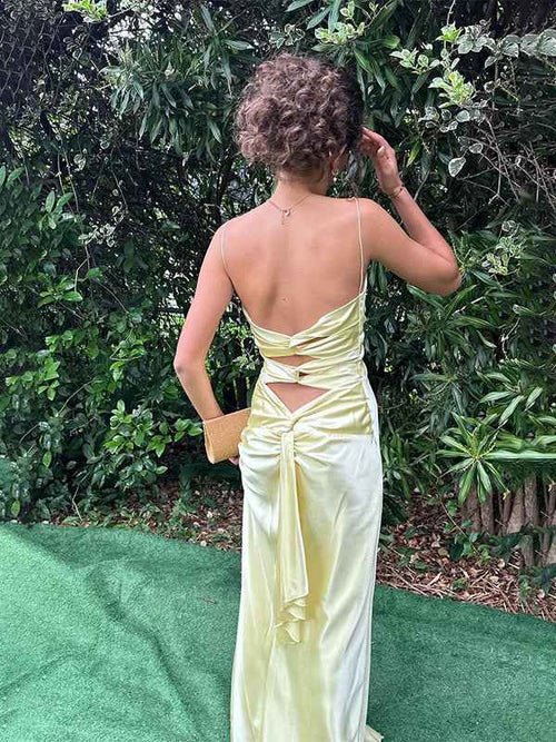 Yellow Mermaid Twist Front Spaghetti Straps Satin Long Prom Maxi Dress BMBRIDE