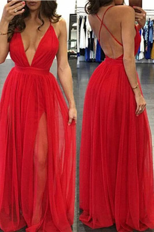 Red Deep V-Neck Long Prom Dress with Slit BM bride