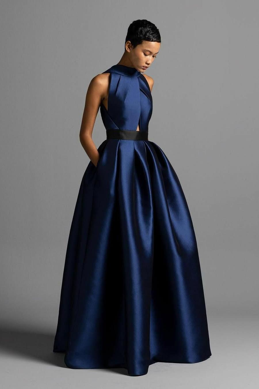 Halter Sleeveless High Waist Long Prom Dress With Pocket Pleated BMBRIDE
