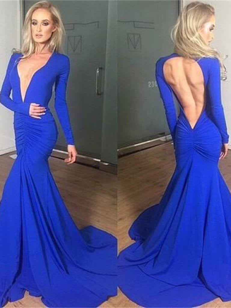 Chic Royal Blue Long Sleeves Deep V Neck Mermaid Prom Dress With Pleated