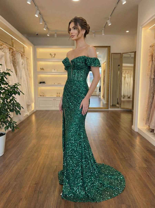 Emerald Off The Shoulder Sequin Mermaid Long Prom Dress with Slit BMBRIDE