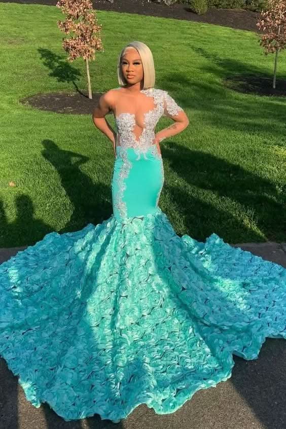 Mint Green Applique Tulle Flower Long Gown Prom Dress BM bride