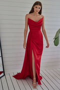 Red Strapless Prom Dress with Pleated Split Mermaid Design BM bride