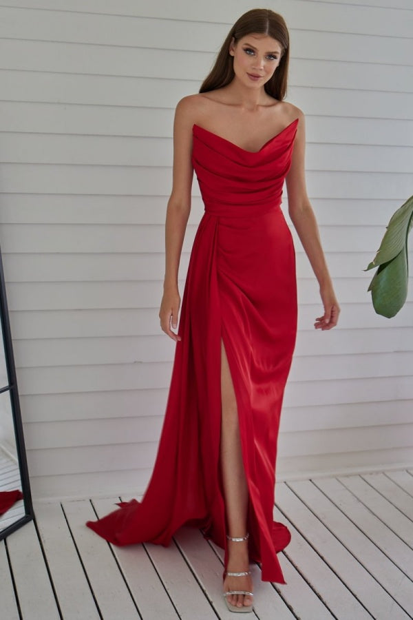 Red Strapless Prom Dress with Pleated Split Mermaid Design BM bride