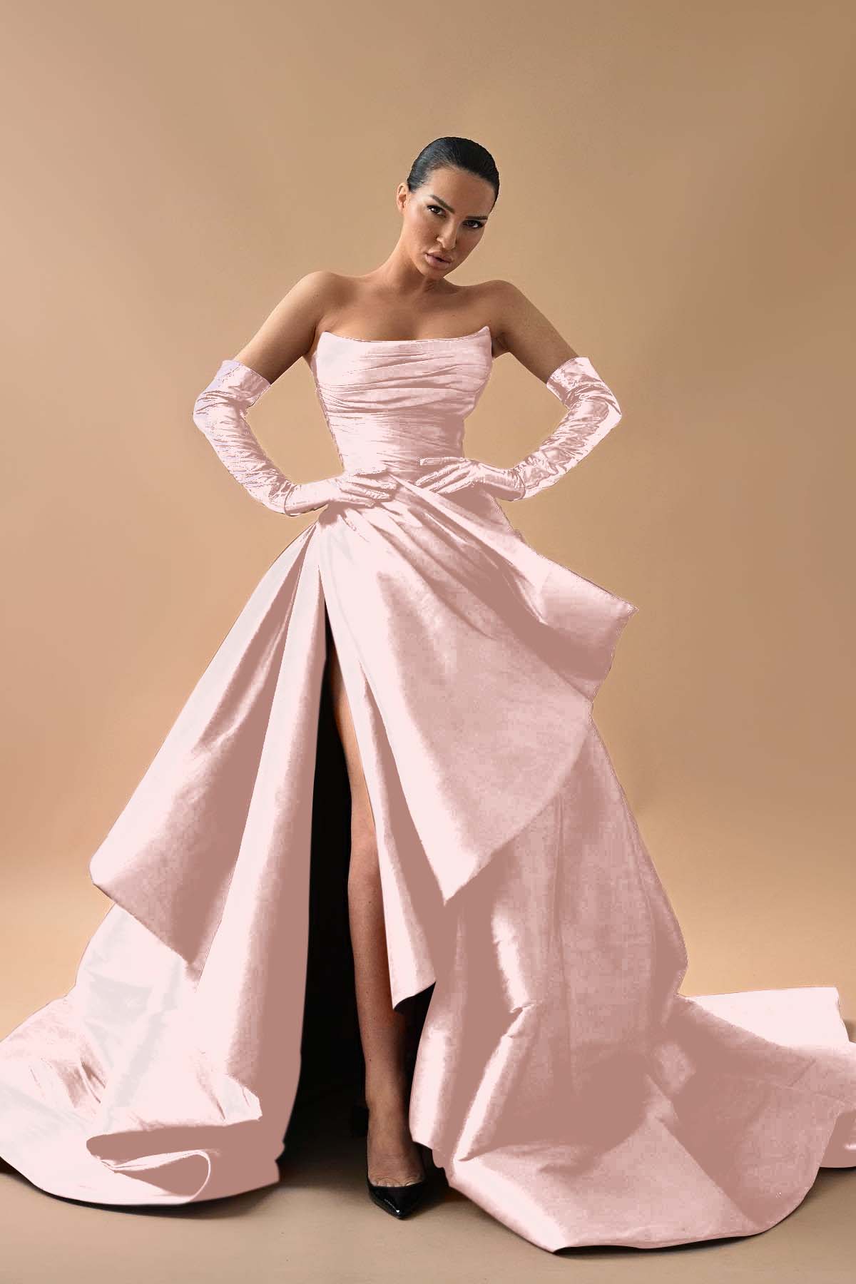 Strapless Sleeveless Long Split Prom Dress With Gloves Pleated BMBRIDE