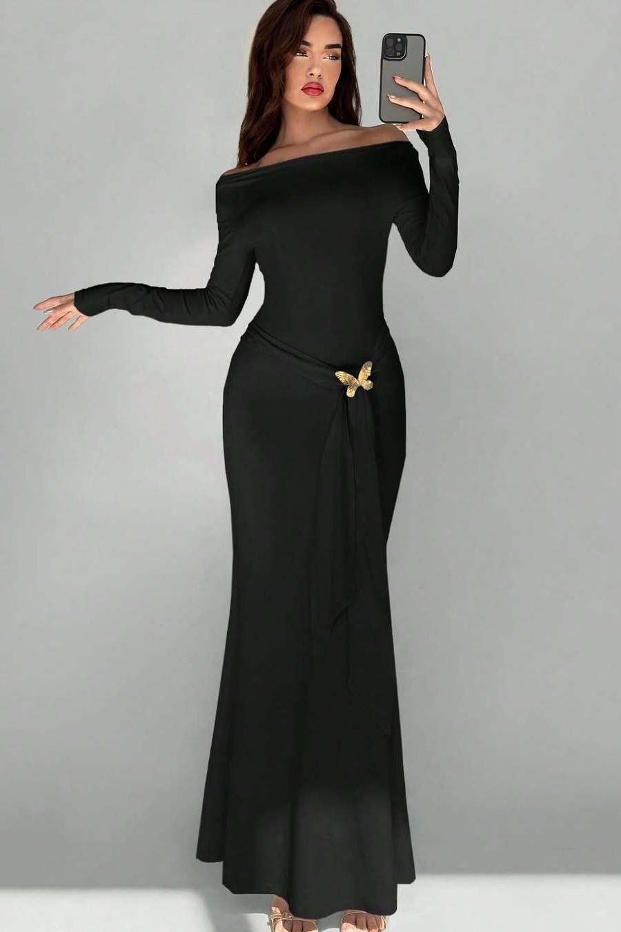 Off the Shoulder Long Sleeves Long Mermaid Prom Dress With Appliques BMBRIDE