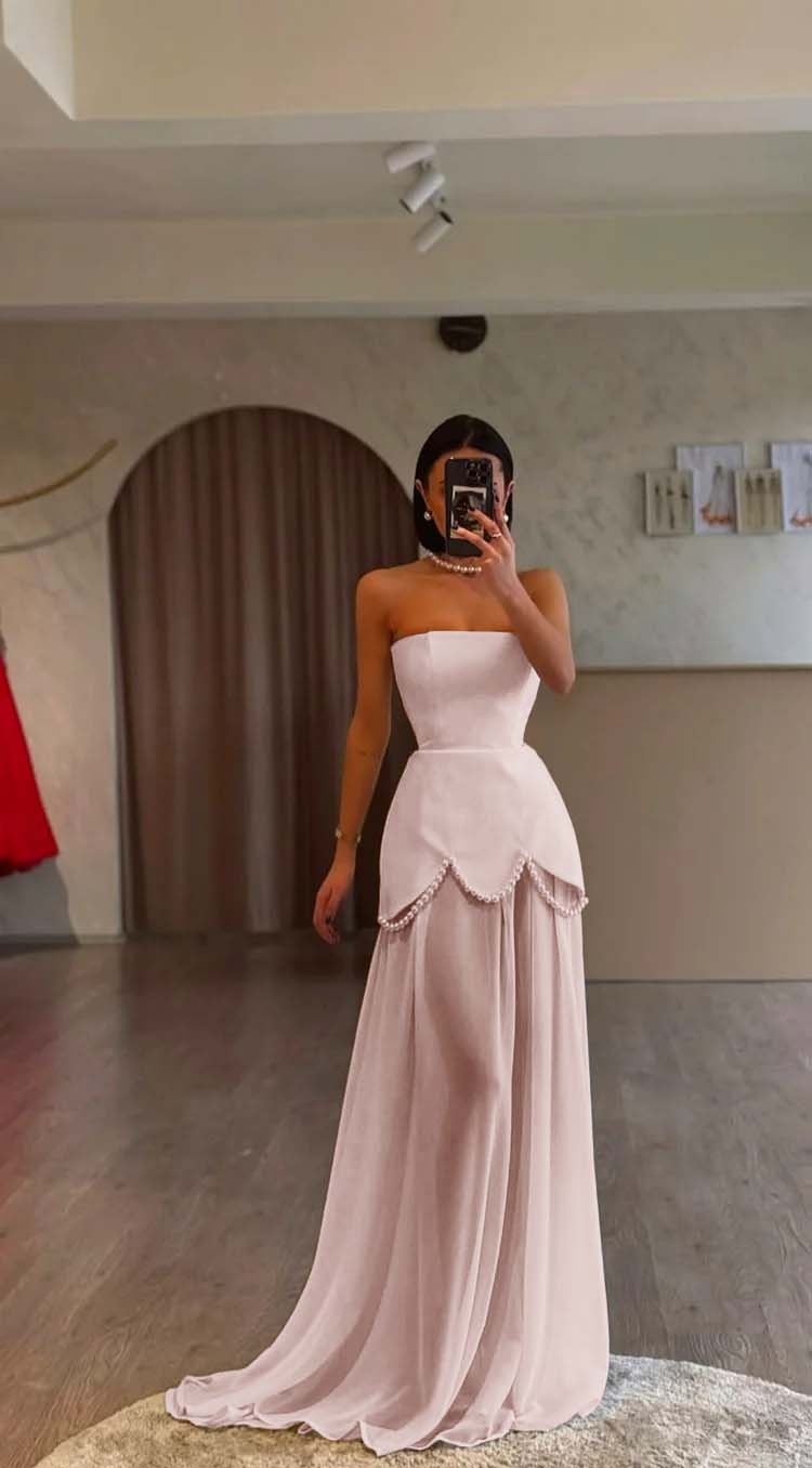 White Strapless Sleeveless Long Prom Dress With Pleated Beading BMBRIDE