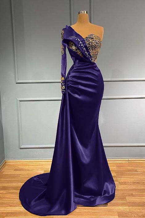 Dark Blue Long Sleeve One Shoulder Pleated Mermaid Prom Dress With Beadings BMBRIDE