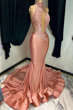 Coral Red Mermaid Prom Dress with Sleeveless Halter and Appliques BM bride