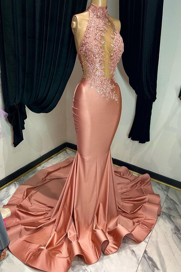 Coral Red Mermaid Prom Dress with Sleeveless Halter and Appliques BM bride