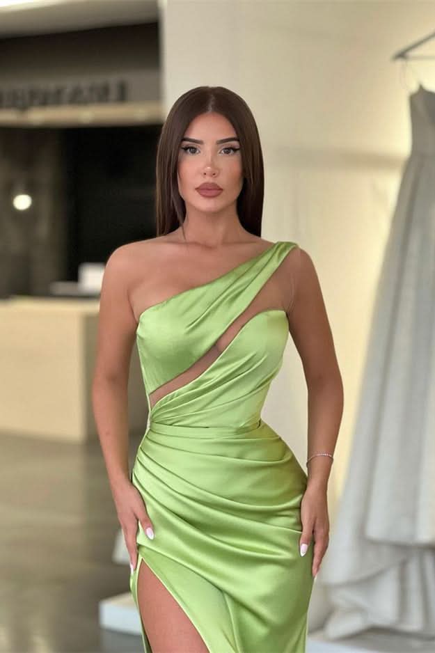 Light Green One-Shoulder Sleeveless Long Evening Dress with Slit BM bride