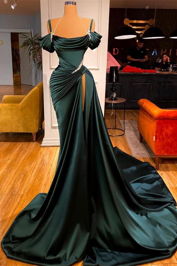 Green Chic Off the Shoulder Beadings Pleated Prom Dress Long With High Split BMBRIDE
