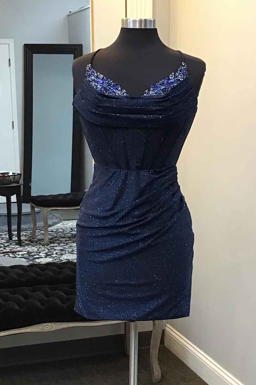 Sparkly Navy Beaded Corset Tight Short Homecoming Dress Bmbride