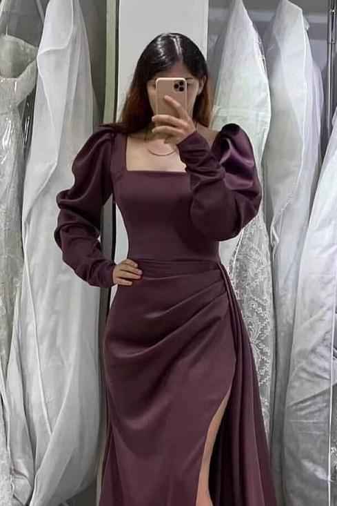 Square Neck Long Mermaid Puff Sleeves Pleated Prom Dress With Side Split