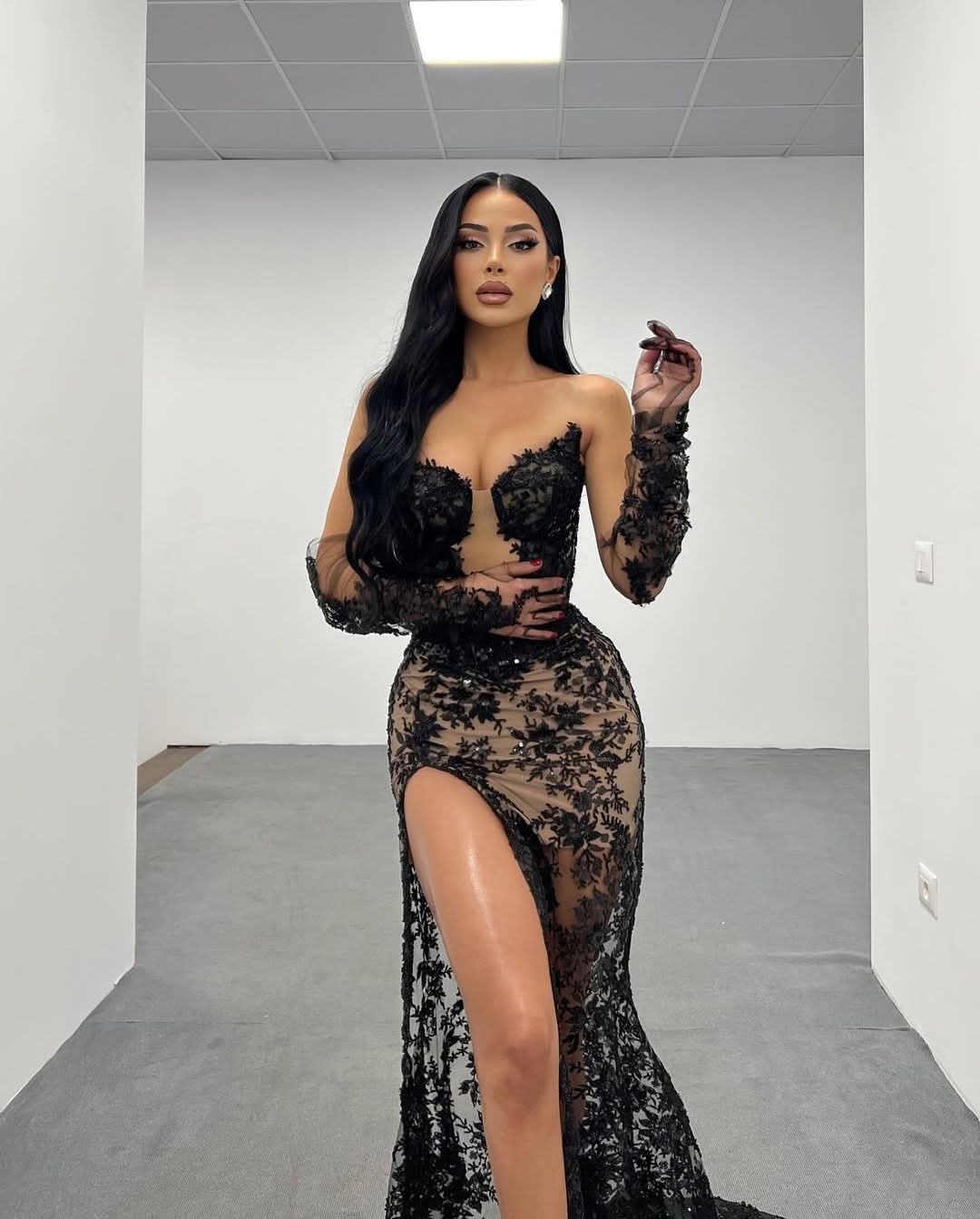 Lace Black Long Prom Dress with High Slit Gown and Printing BM bride