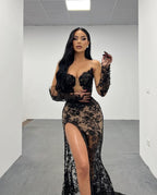 Lace Black Long Prom Dress with High Slit Gown and Printing BM bride