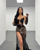 Lace Black Long Prom Dress with High Slit Gown and Printing BM bride