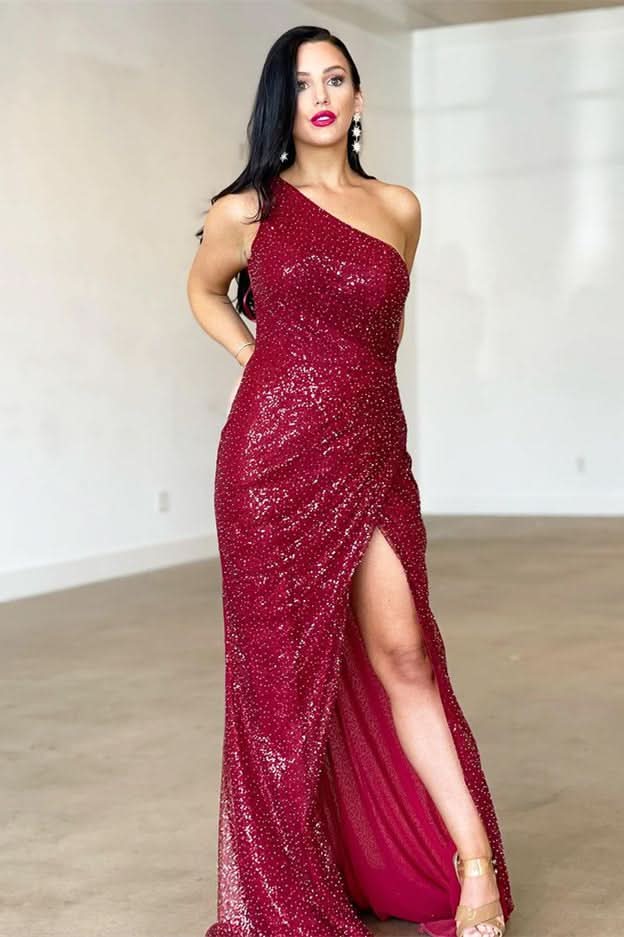 Burgundy One-Shoulder Split Mermaid Evening Dress with Backless BM bride