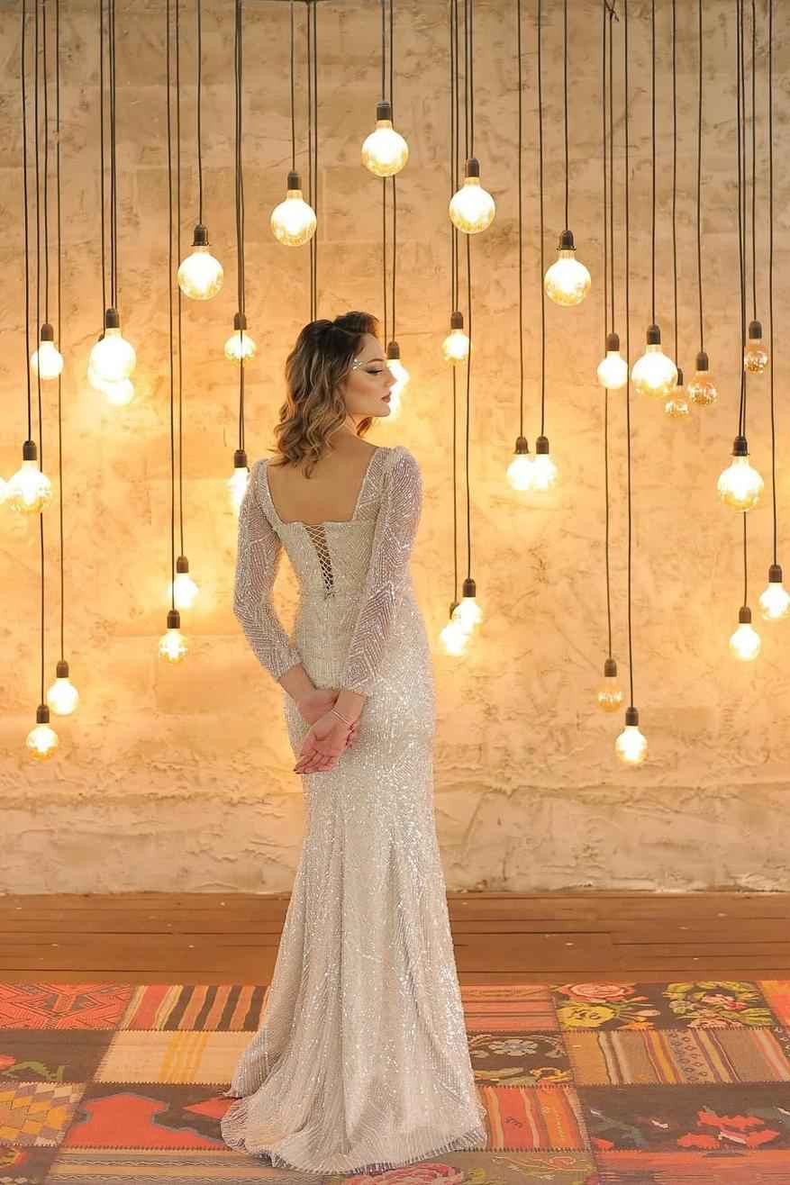 Long Sleeves Square Neck Mermaid Long Prom Dress With Beading