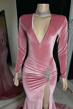 Red Long Sleeve Simple Prom Dress with High Slit and Pleated BM bride