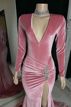 Red Long Prom Dress Long Sleeves Simple With High Split Pleated