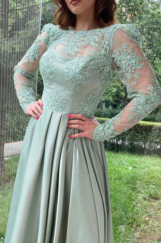 Dusty Sage Appliques Long Sleeves Prom Dress With Lace Split