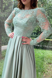 Dusty Sage Long Sleeve Evening Dress with Split and Lace BM bride