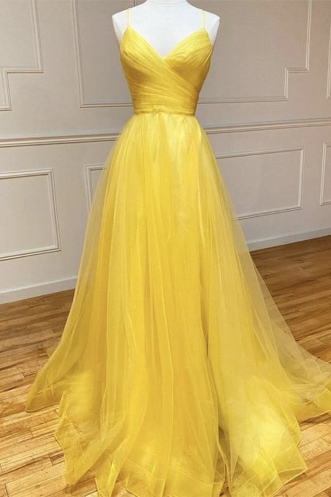 Yellow Spaghetti-Straps Prom Dress with String Back BM bride