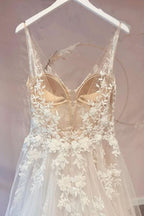 Sweetheart Spaghetti Strap A-Line Tulle Wedding Dress with Lace Appliques BM bride