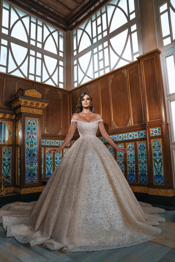 Off-the-Shoulder Sequined Long Wedding Dress with Slit BM bride